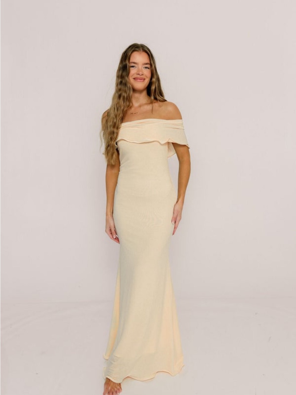 Off-Shoulder Cream Maxi Dress with Ruffle Neckline